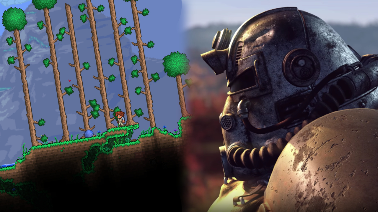 "A graphic showing a screenshot from Terraria on the left and a Fallout 76 power armor suit on the right. There is a blurred rift between them"