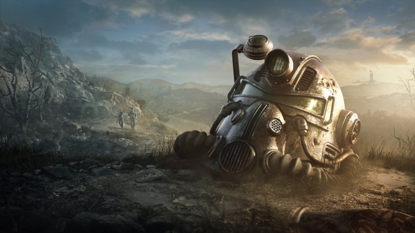 "A power suit helment from Fallout 4 sitting on the ground"